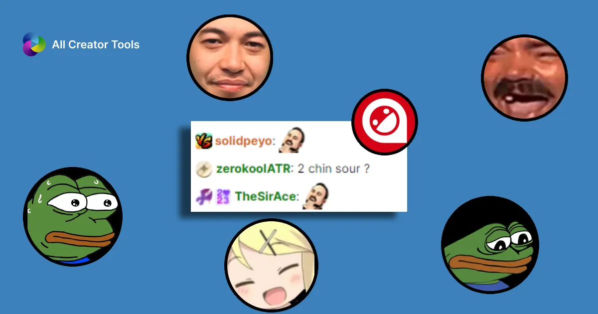  BetterTTV emotes: KEKW, Sadge, MonkaS, AYAYA, and weirdChamp surrounding screenshot from Twitch chat 